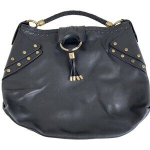 Cole Haan Black Leather Studded Hobo Bag With Brass Hardware & Braided Handle